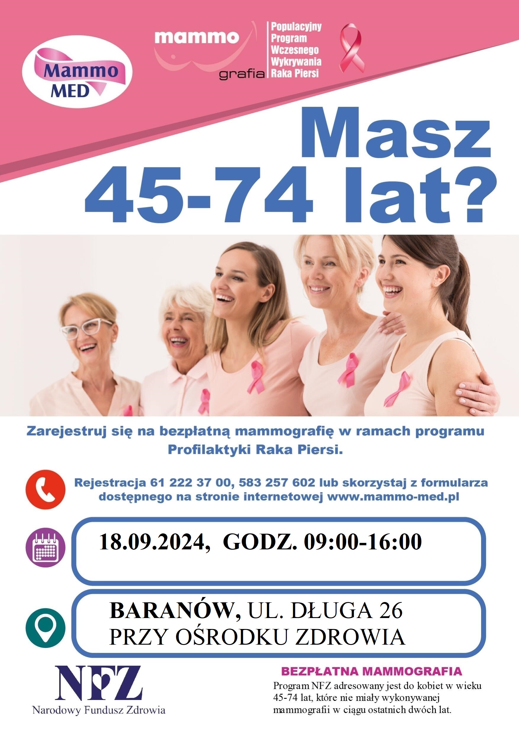 Badania mammograficzne piersi w mammobusie przy Ośrodku Zdrowia ul. Długa 26 w Baranowie