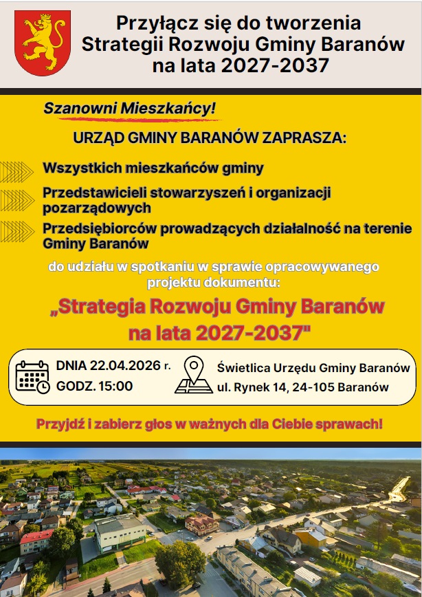 Plakat Tworzenie Strategii Rozwoju Gminy Baranów spotkanie