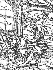 Powiększ zdjęcie: Rycina przedstawiająca warsztat garncarski z XVIII w.