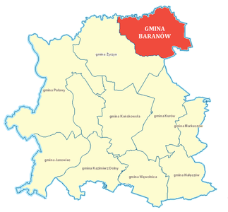 Powiększ mapę: Gmina Baranów na tle Powiatu Puławskiego