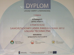 Powiększ grafikę: Dyplom za I miejsce w finale konkursu Samorządowy Lider Zarządzania 2012 - Usługi techniczne